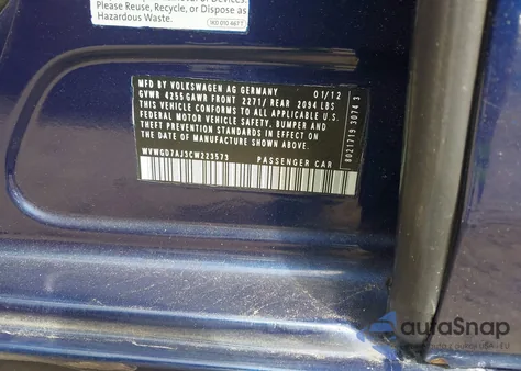 2012 Volkswagen Gti 4-Door z USA, uszkodzony, nr VIN WVWGD7AJ3CW223573